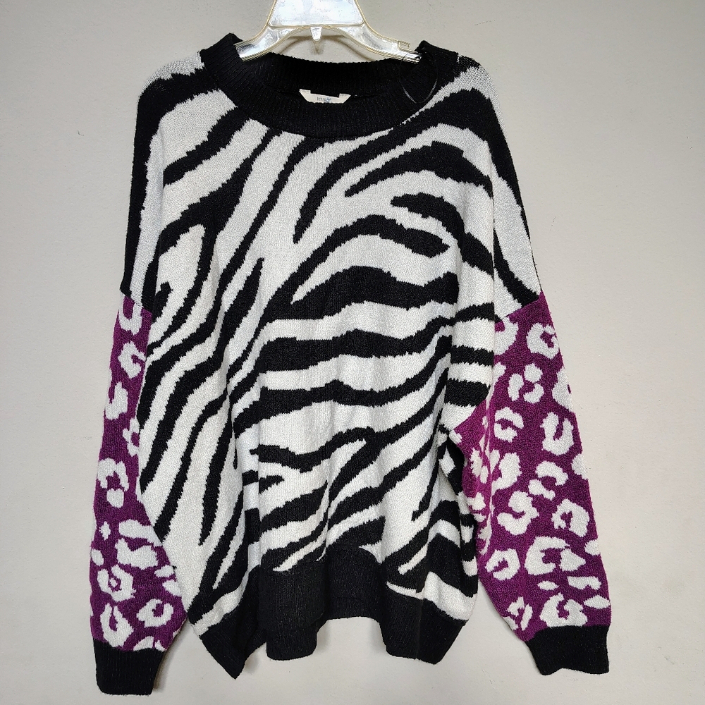 Terra & Sky Zebra Print Sweater with Purple Accents Size 3X